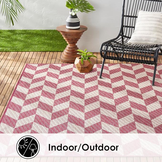 Nicole Miller New York Patio Country Calla Contemporary Herringbone Indoor/Outdoor Area Rug, Pink/Ivory , 6'6"x9'2"
