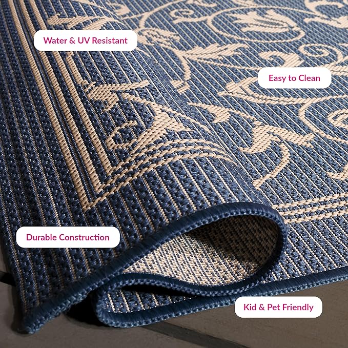 SAFAVIEH Washable Rug Outdoor Courtyard Collection - 5'3" x 7'7", Blue & Natural, Non-Shedding & Easy Cleaning, Ideal for Patio, Backyard, Mudroom (CY2098-3103)