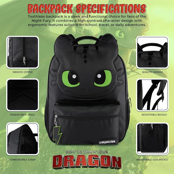 AI ACCESSORY INNOVATIONS How to Train Your Dragon Toothless Backpack, Black 16 Inch School Bag with 3D Face Applique, Green Eyes, Lightning Bolt Keychain, for Boys and Girls