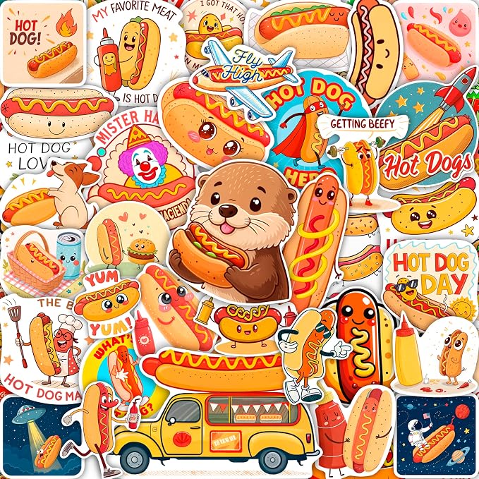100Pcs Hot Dog Stickers Funny for Water Bottle - Hot Dog Party Decorations, Favors - Food Stickers - Gift for Women & Men