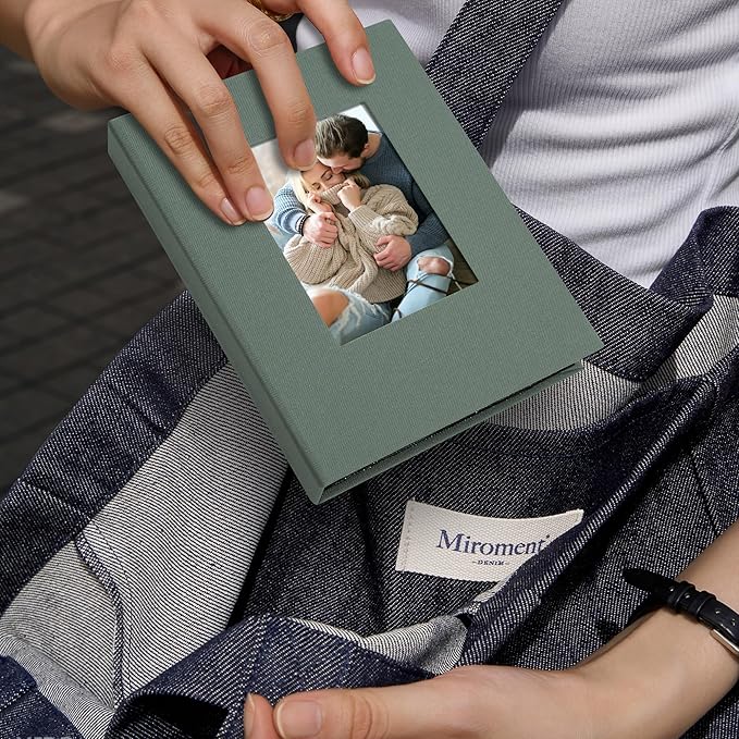 2 Pack Photo Album Holds 48 Pockets with Linen Cover and Customizable Window, Fits 4x6 Photos, Archival Black Pages, Gray Green