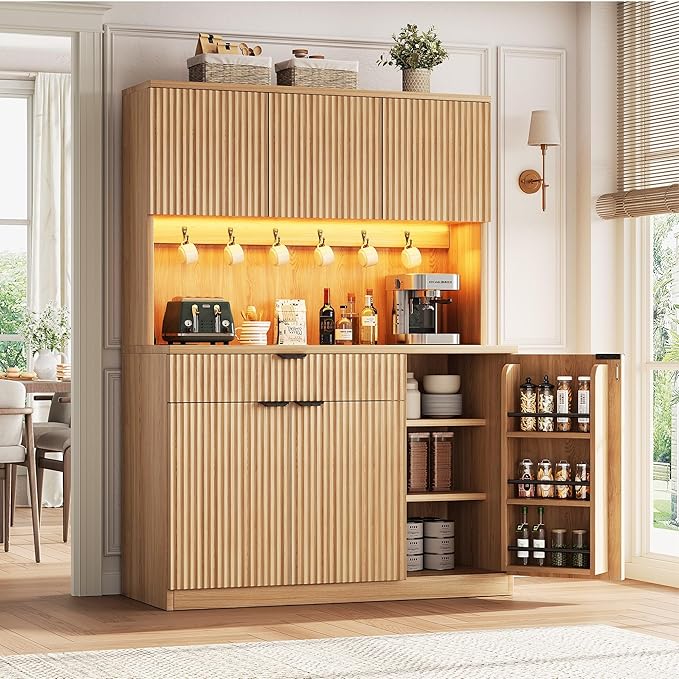 Jocoevol Fluted Kitchen Pantry Storage Cabinet with Charging Station/LED Light/Doors/Shelves, 71'' Tall Kitchen Food Hutch with Microwave Stand for Dining Room Living Room (Natural, 41 * 15.7 * 71)