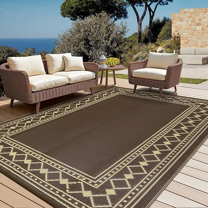 8x10 Outdoor Rug,Waterproof Geometric Plastic Straw Carpet,Easy Cleaning Folding Uv Resistant Picnic Camping Mat,Lightweight Outdoor Carpet,Brown/Coffee