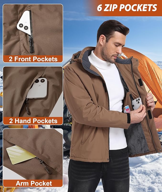 Mens Winter Snow Jacket Waterproof Ski Jackets Snowboard Rain Warm Coat Insulated Hood Fleece Lined