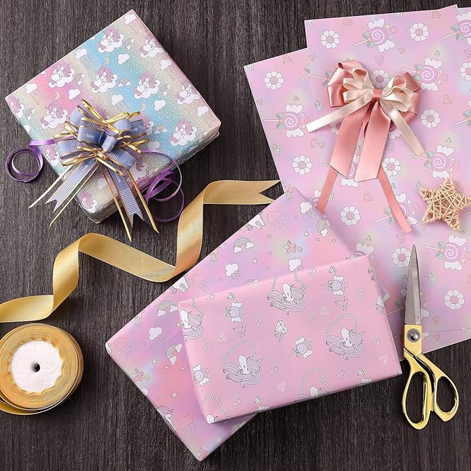 PlandRichW Unicorn Wrapping Paper Folded for Girls, Women Birthday 4 Princess Pink Designs of Rainbow, Fairy Wand, Diamond, for Holidays Baby Shower 12 Sheets 20 × 29 Inches