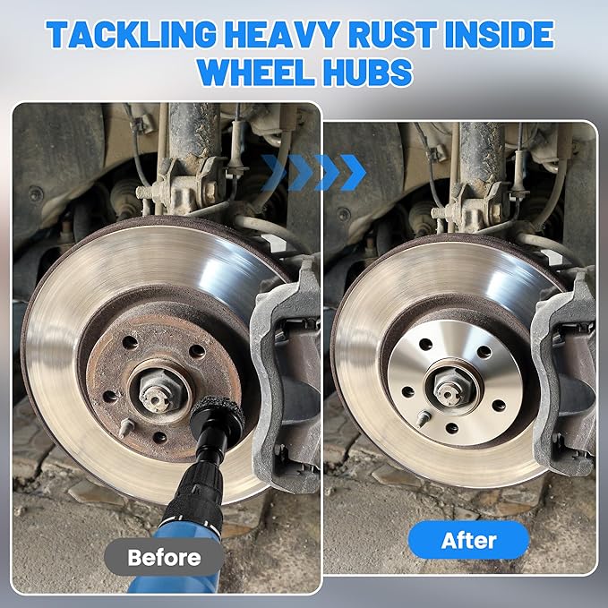 Wheel Hub Cleaning Tool Kit, Drill-Powered Wheel Stud Cleaner Includes 5 Pads, Fits Power Drill & 1/2" Impact Driven Wrenches, Quick Rust Removal, Surface Resurfacing for Lug Stud and Rotor