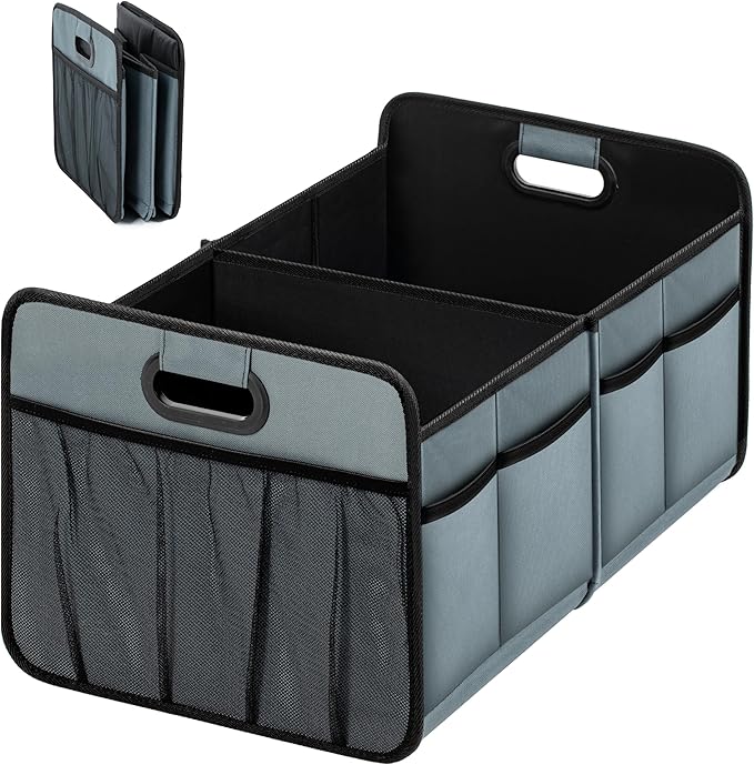 Simple Deluxe Car Trunk Organizer, 2 Compartments Collapsible Trunk Storage for SUV & Truck, Anti-slip Design, Made of Waterproof 600D Oxford Polyester, Standard Size, Grey-Green