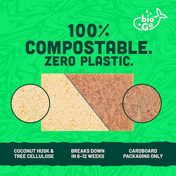 bioGo 12 Pack Natural Biodegradable Kitchen Sponges - Eco-Friendly, Compostable, Cellulose Dish - Compostable - Biodegradable - Cellulose Sponge