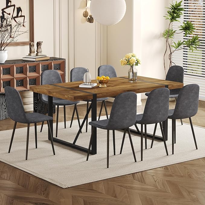 Dining Table Set for 8, Modern 71'' Dark Wood Dining Table and Fabric Dining Chairs Set of 8,Table and Chairs Set of 8,Ideal for Kitchen Dining Room