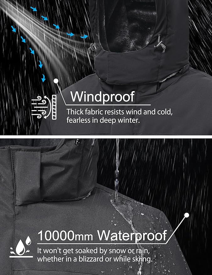 Mens Winter Snow Jacket Waterproof Ski Jackets Snowboard Rain Warm Coat Insulated Hood Fleece Lined