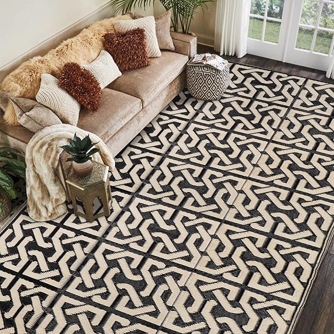 SAND MINE Reversible Mats, Plastic Straw Rug, Modern Area Rug, Large Floor Mat and Rug for Outdoors, RV, Patio, Backyard, Deck, Picnic, Beach, Camping, Trailer, Black & Beige, 9' x 18'