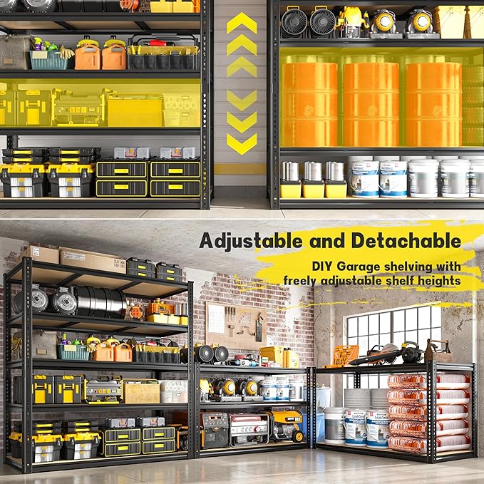 48" W Garage Shelving Heavy Duty 3080LBS Garage Storage Shelving, 5 Tier Adjustable Metal Shelving Unit Utility Rack Shelf for Warehouse, Pantry, Closet, Kitchen 72" H x 48" W x 24" D, Black,2PCS