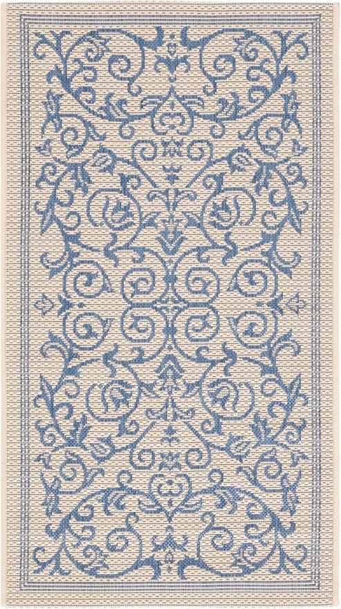SAFAVIEH Washable Rug Outdoor Courtyard Collection - 2' x 3'7", Natural & Blue, Non-Shedding & Easy Cleaning, Ideal for Patio, Front Door, Entryway, Doormat (CY2098-3101)