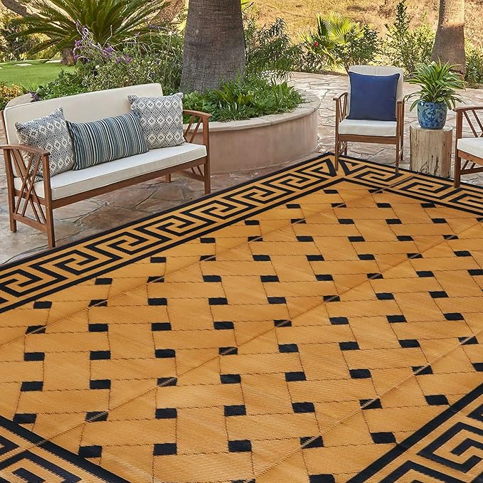 SAND MINE Reversible Mats, Plastic Straw Rug, Modern Area Rug, Large Floor Mat and Rug for Outdoors, RV, Patio, Backyard, Deck, Picnic, Beach, Trailer, Camping (9' x 12', Brown & Black)