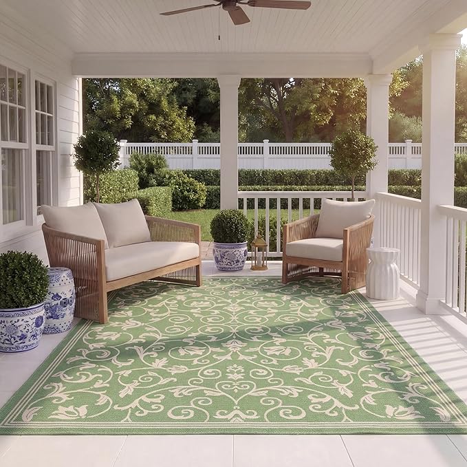 SAFAVIEH Washable Rug Outdoor Courtyard Collection - 8' x 11', Olive & Natural, Non-Shedding & Easy Cleaning, Ideal for Patio, Backyard, Mudroom (CY2098-1E06)