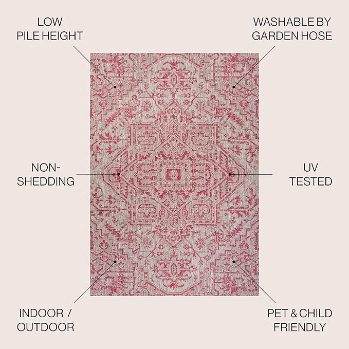 JONATHAN Y Boho Medallion Indoor Outdoor Area Rug 5X8 Light Gray/Fuchsia, Estrella Textured Weave for Backyard, Patio, Porch, Easy-Cleaning, High Traffic, Pet-Friendly, Non-Shedding (SMB105F-5)