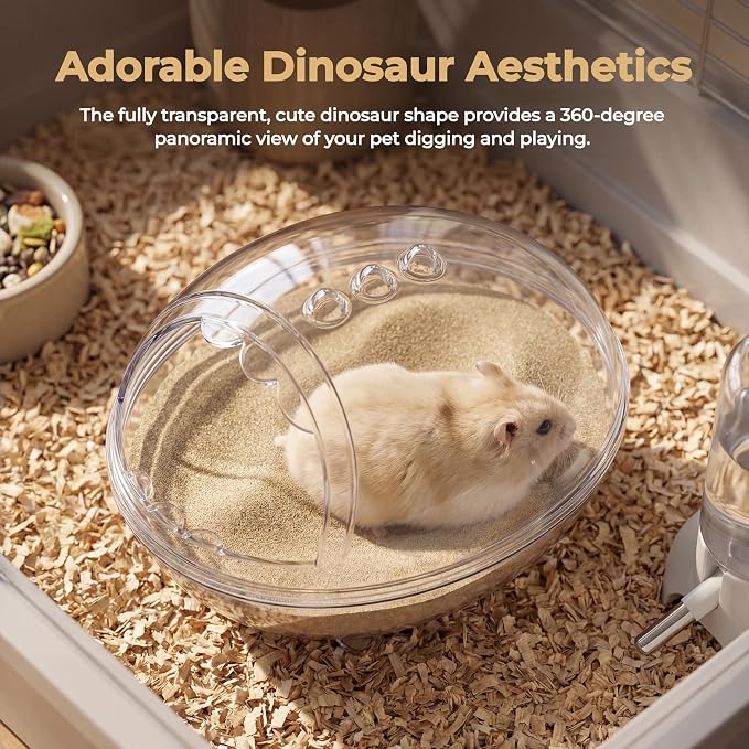 Clear Hamster Sand Bath, Dinosaur Sandbox Hideout with Scoop (M) | Anti-Scatter Sandbox, For Dwarf Hamsters Gerbils Mice, Hideout & Sand Bath Container