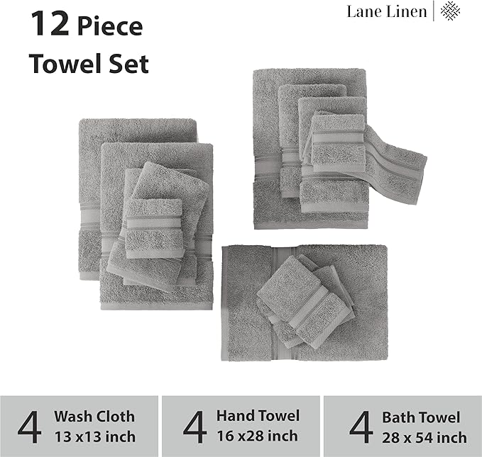 LANE LINEN Bath Towel Set of 12 – Premium 100% Cotton Ring-Spun, 4 Bath, 4 Hand & 4 Washcloth, Zero Twist Hotel Collection Towels Soft, Gentle on Body, Absorbent & Ideal for Everyday Use – Grey