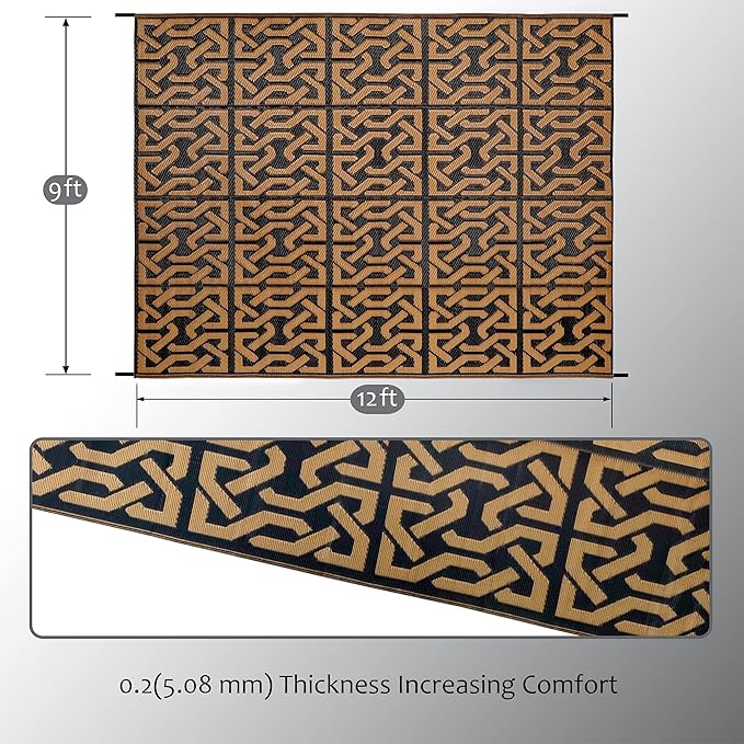 SAND MINE Reversible Mats, Plastic Straw Rug, Modern Area Rug, Large Floor Mat and Rug for Outdoors, RV, Patio, Backyard, Deck, Picnic, Beach, Camping, Trailer, Black & Brown, 9' x 12'