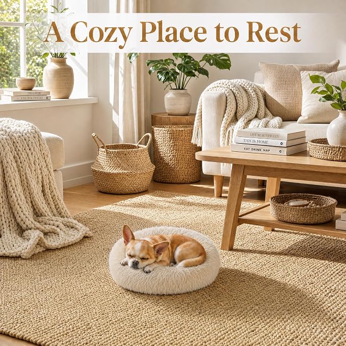 Tiny Dog Bed for Extra Small Dogs for Chihuahua Pomeranian Toy Poodle | 15 Inch Washable Puppy Bed,Soft Faux Fur Calming Donut Bed,Beige