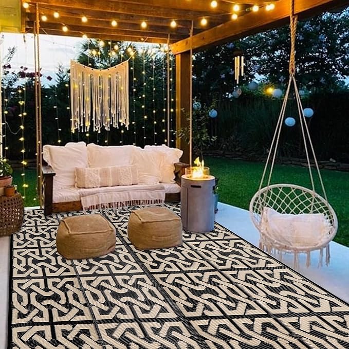 SAND MINE Reversible Mats, Plastic Straw Rug, Modern Area Rug, Large Floor Mat and Rug for Outdoors, RV, Patio, Backyard, Deck, Picnic, Beach, Camping, Trailer, Black & Beige, 9' x 12'