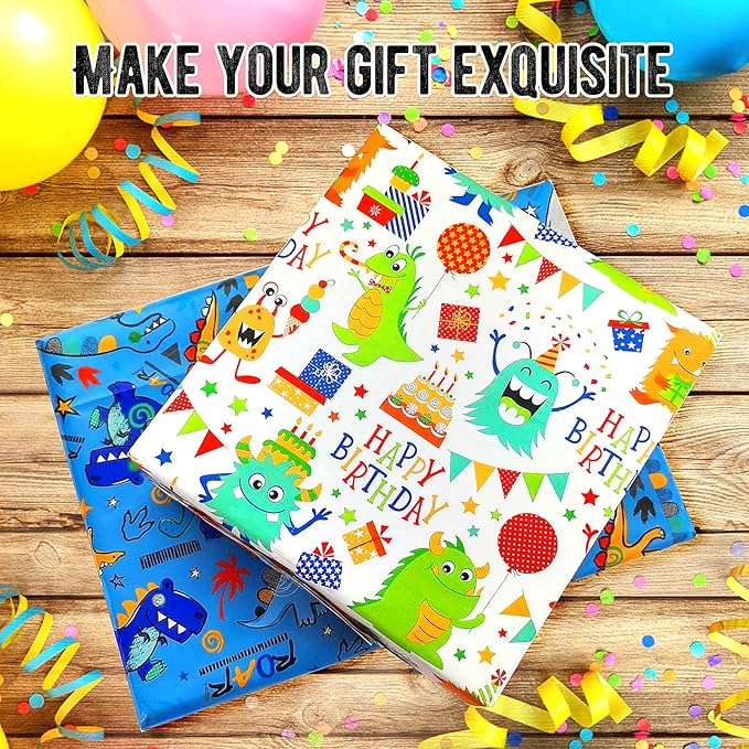 Kids Birthday Wrapping Paper for Boys & Girls - Dinosaur Animal Gift Wrap (6 Sheets 28"Lx20"W per Sheet)