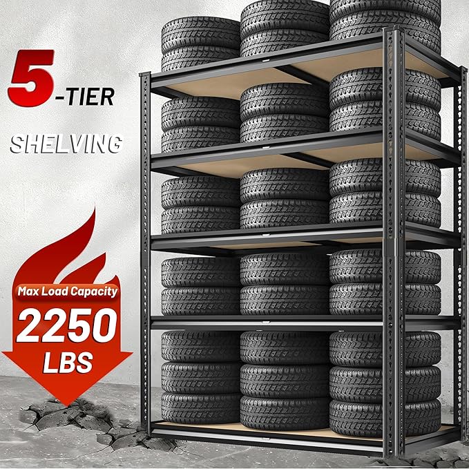 ROOMFAVE 2250LBS Storage Shelves Heavy Duty 5 Tier Garage Storage Shelving, Adjustable Metal Shelving Unit Utility Rack Shelf for Warehouse,Pantry,Closet,Kitchen 72" H x 35.56" W x 16" D, Black,Gift