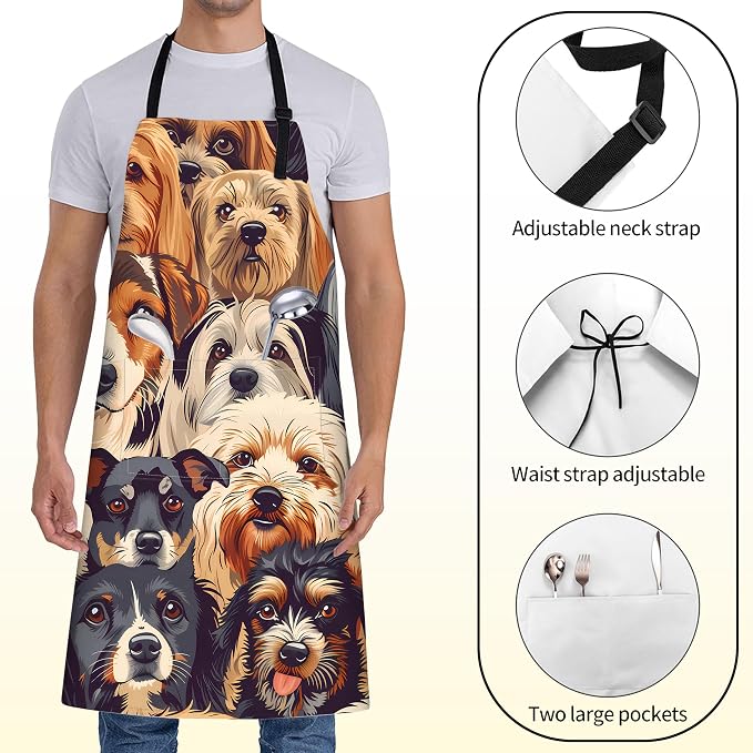 Cute Dog Face Apron for Women,28x33in,Fun Puppy Kitchen Aprons with 2 Pockets,Oxford Fabric,Playful Adjustable Apron for Cooking Baking Gardening Chef,Gifts for Mom Wife