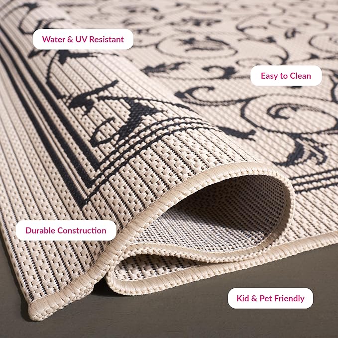 SAFAVIEH Washable Rug Outdoor Courtyard Collection - 7'10" Square, Sand & Black, Non-Shedding & Easy Cleaning, Ideal for Patio, Backyard, Mudroom (CY2098-3901)