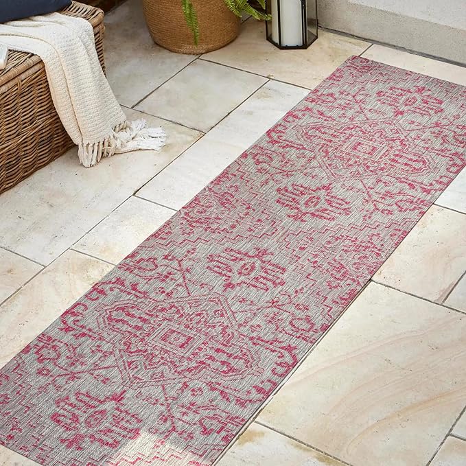 JONATHAN Y Boho Medallion Indoor Outdoor Runner Rug 2X8 Light Gray/Fuchsia, Estrella Textured Weave for Backyard, Patio, Porch, Easy-Cleaning, High Traffic, Pet-Friendly, Non-Shedding (SMB105F-28)