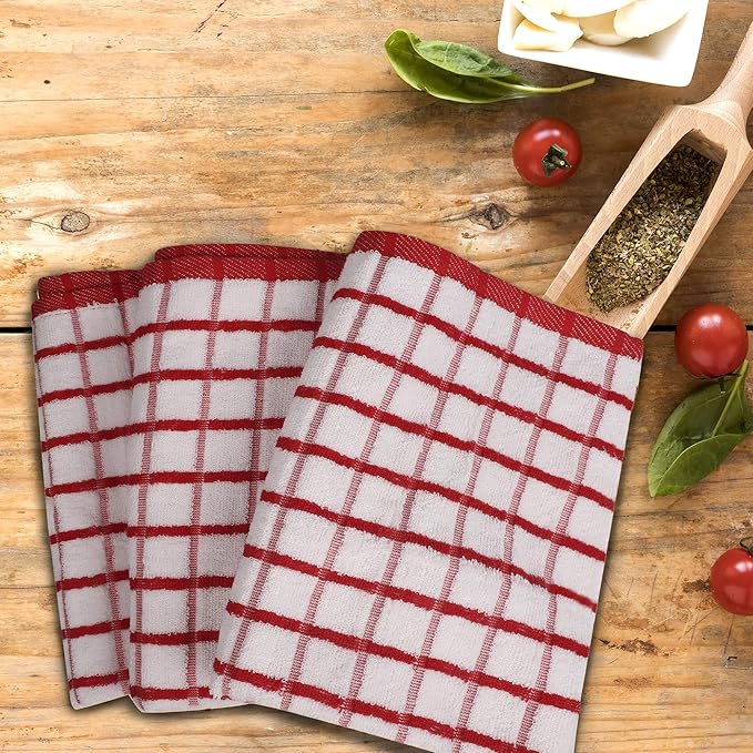 Urban Villa Kitchen Towels Red/White Set of 3 Terry Kitchen Towels 100% Cotton Ultra Soft Size 20X30 Inches Highly Absorbent Over Sized KitchenTowels with Hanging Loop KitchenTowels