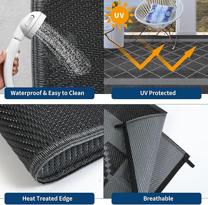 Outdoor Patio Rug 9x18 Waterproof Plastic Reversible Rug Modern UV Resistant Foldable Camping Mat Contemporary Geometric Outdoor Floor Mat for RV Backyard Deck Black/Grey