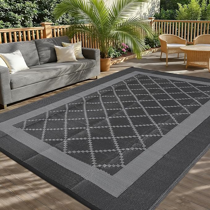 Outdoor Rug for Patio 9x12 Waterproof Camping Mat Reversible Plastic Straw Floor Carpet Modern Diamond Indoor Outdoor Large Area Rug for RV Deck Balcony Backyard Black/Grey