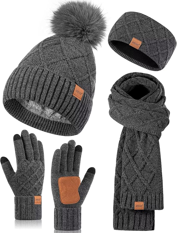 Womens Winter Hat Gloves Scarf Headband Set, Pom Pom Beanie Long Scarf Touchscreen Gloves Ear Warmer, 4 in 1 Warm Gift Set