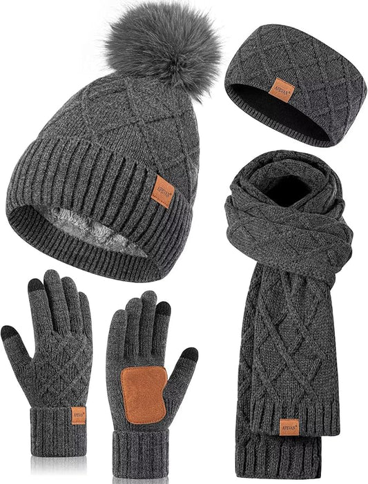Womens Winter Hat Gloves Scarf Headband Set, Pom Pom Beanie Long Scarf Touchscreen Gloves Ear Warmer, 4 in 1 Warm Gift Set