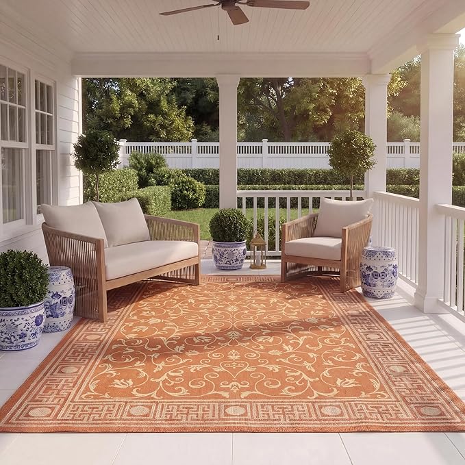 SAFAVIEH Courtyard Collection 8' x 11' Terracotta / Natural CY2098 Scroll Indoor/ Outdoor Patio Backyard Mudroom Area-Rug
