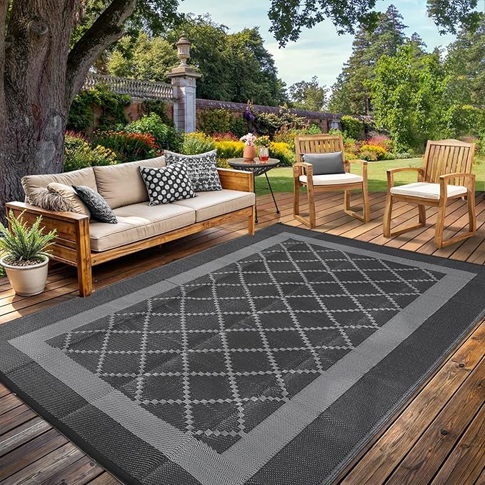 Waterproof Outdoor Rug 8x10 Reversible Plastic Straw Rug Modern Geometric Large Floor Carpet Lightweight Foldable Camping Mat for Outdoors RV Patio Backyard Picnic Black/Grey
