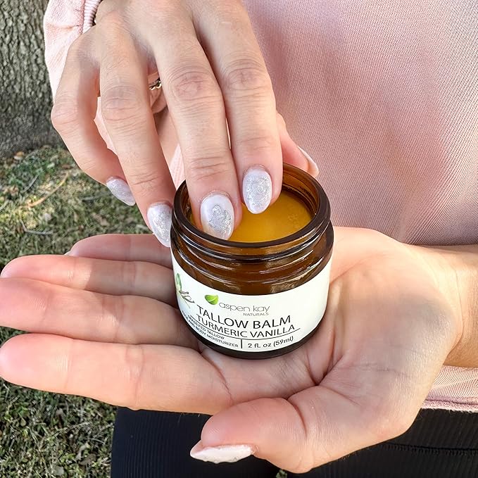 Aspen Kay Naturals Handmade 100% Grass Fed Beef Tallow Balm for Skin Care, Organic Turmeric Moisturizer + Vitamin C (Turmeric Vanilla) Organic Body Butter - 2 fl. oz. Made in USA