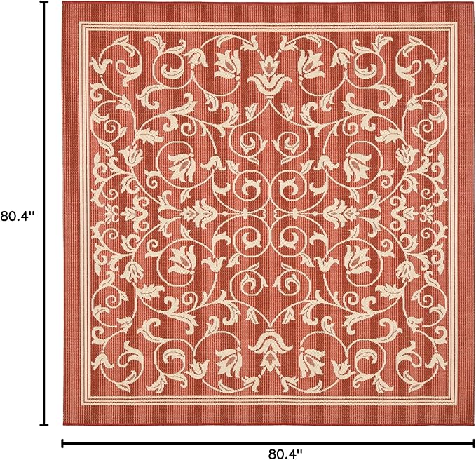 SAFAVIEH Washable Rug Outdoor Courtyard Collection - 6'7" Square, Red & Natural, Non-Shedding & Easy Cleaning, Ideal for Patio, Backyard, Mudroom (CY2098-3707)