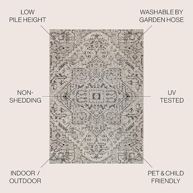 JONATHAN Y Boho Medallion Indoor Outdoor Square Area Rug 6X6 Black/Gray, Estrella Textured Weave for Backyard, Patio, Porch, Easy-Cleaning, High Traffic, Pet-Friendly, Non-Shedding (SMB105D-6SQ)