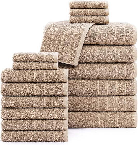 Casa Platino 100% Mercerized Cotton Bathroom Towel Set - 18 Pcs - Ring Spun, Super Soft & Highly Absorbent - 6 Large Bath Towels, 6 Washcloths, 6 Hand Towels - Wide Variety of Colours - Tawny Brown