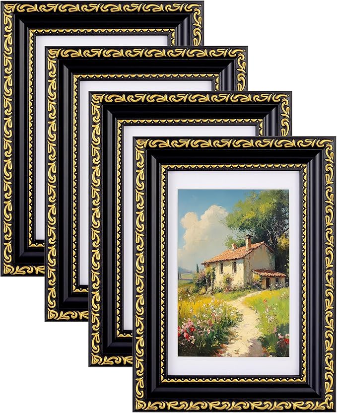 eletecpro 4x6 Picture Frames Set of 4, Ornate Vintage Photo Frames with Glass, Display 3.5x5 Photo with Mat or 4x6 without Mat for Tabletop or Wall Decor, Black Gold