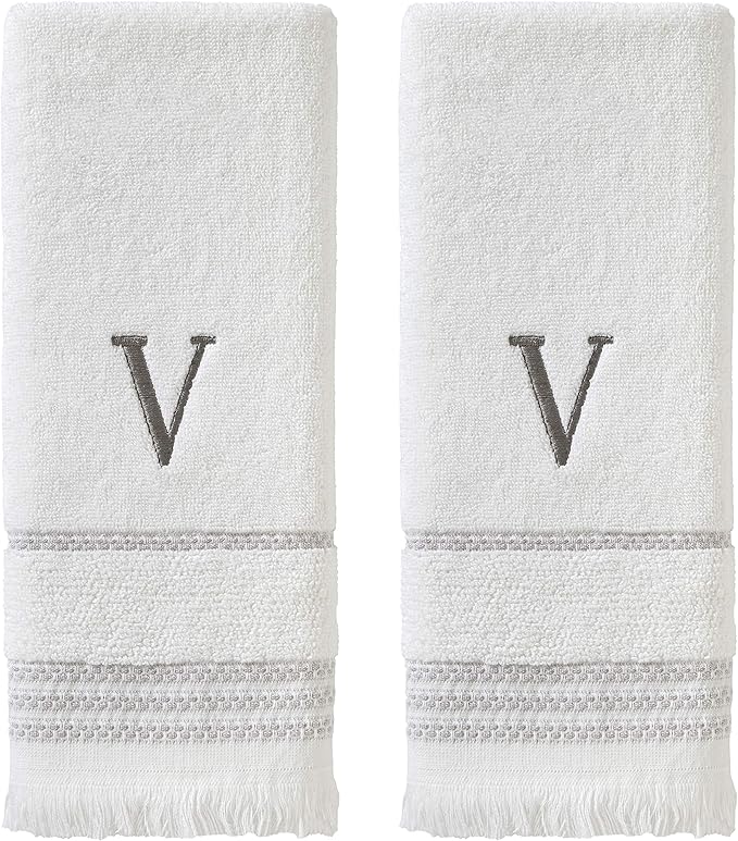 SKL Home Casual Monogram Hand Towel Set, V, 16x26, White 2 Count