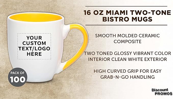Custom Bistro Style Large Coffee Mugs 16 oz. Set of 100, Personalized Bulk Pack - Perfect for Coffee, Tea, Espresso, Hot Cocoa, Other Beverages - Yellow