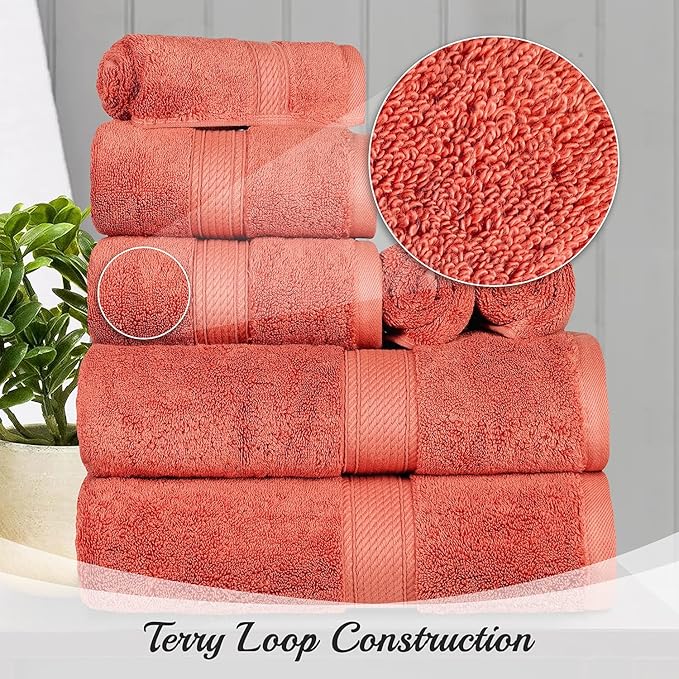 BLUENILEMILLS Madison Egyptian Cotton Towels, Towel Set for Bathroom, Shower, Hotel, Plush, 900 GSM, Highly Absorbent and Ultra-Soft Towels, Bath Essentials, 8 Piece Assorted Towel Set, Coral