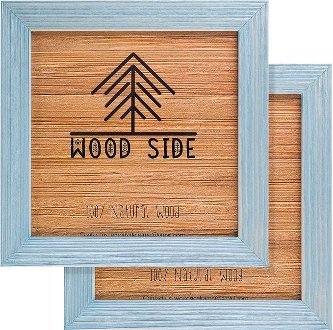 Rustic Wooden Square Picture Frames 8x8 - Set of 2 -100% Natural Eco Distressed Wood with Real Glass for Wall Mounting and Tabletop Photo Frame - Blue Turquoise