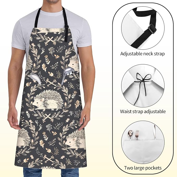 Cute Hedgehog Apron for Women with Woodland,28x33in,Rustic Kitchen Aprons with 2 Pockets,Oxford Fabric,Foliage Adjustable Dark Black Apron for Cooking Baking Gardening Chef,Gifts for Mom Wife