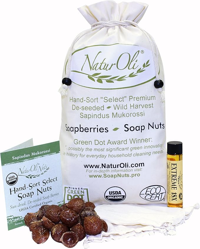 NaturOli Soap Nuts/Soap Berries - 2-Lbs organic (480 loads) + 18X Travel Bottle! Select Seedless - 2 Wash Bags, 8-pg info, Tote Bag. Organic Laundry Soap