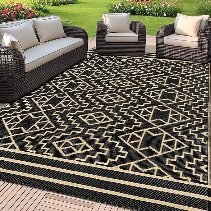 SAND MINE Reversible Mats, Plastic Straw Rug, Modern Area Rug, Large Floor Mat and Rug for Outdoors, RV, Patio, Backyard, Deck, Picnic, Beach, Trailer, Camping (9' x 18', Black & Beige)