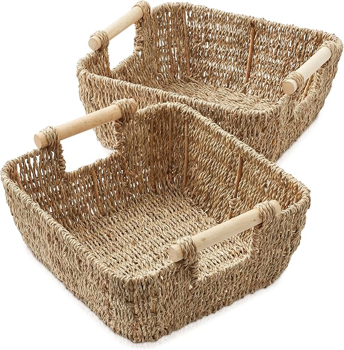 Casafield Set of 2 Seagrass Oval Storage Baskets with Wooden Handles - Small, Woven Bin Organizers